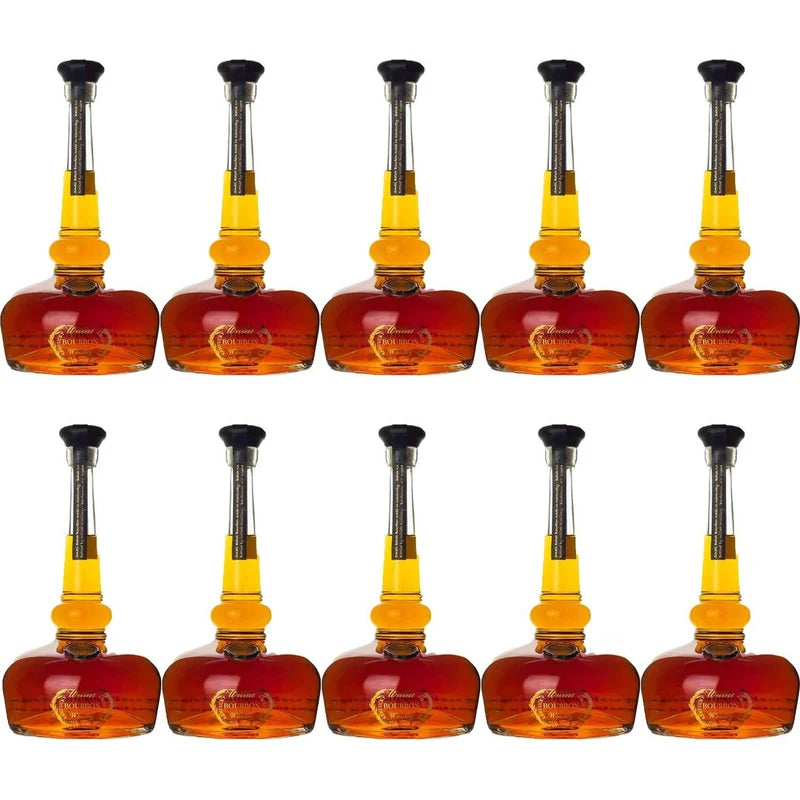 Ten small clear glass bottles filled with amber liquid, arranged in two rows of 5 on a plain white background. Each bottle has a black stopper, a yellow neck section, and a darker amber base with an embossed logo.